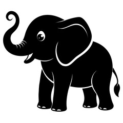 Baby Elephant with Trunk Up vector clean black silhouette design white background