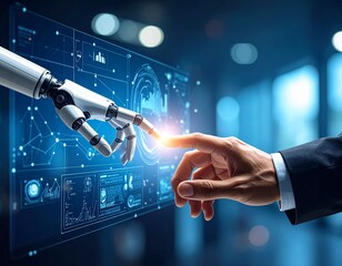 3d robotic hand touching man hand data connection control monitor process, AI technology concept.