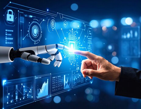 3d robotic hand touching man hand data connection control monitor process, AI technology concept.