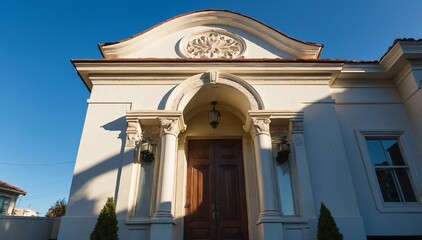 An elegant residential doorway with intricate architectural details stands against a clear blue sky.