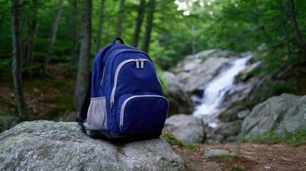 Fototapeta premium Blue Backpack Resting on Stone Near Waterfall in Lush Green Forest Setting