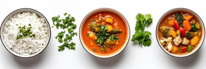 Cutout of set of 3 coconut curry sauce, vegetables, and rice, isolated on white background