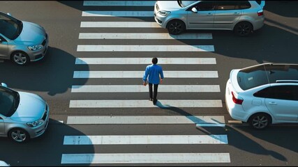 A man crossing a zebra crossing safely amidst moving cars, emphasizing road safety and pedestrian awareness. The cars are stationary on the crossing. 