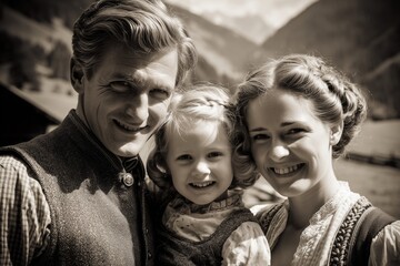 Happy Bavarian Family Portrait &ndash; Traditional Clothing in Alpine Village