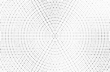 Radial halftone gradient background. Dotted concentric texture with fading effect. Black and white circle shade wallpaper. Grunge rough vector. Monochrome backdrop
