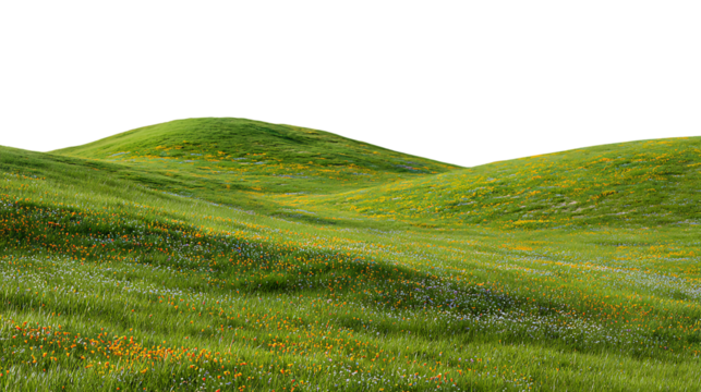 Expansive green landscape with undulating hills and scattered wildflowers isolated on transparent background