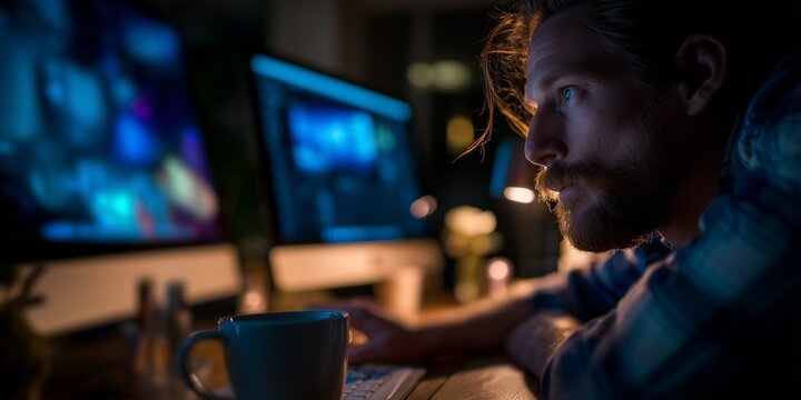 Focused Man Working Late on Multiple Computer Screens with Coffee