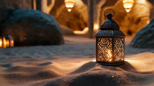 Intricately designed metal lantern glowing warmly sandy ground inside dimly lit cave with soft shadows and warm light creating cozy mysterious atmosphere and peaceful inviting ambiance dusk or night