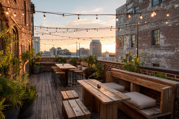 Urban rooftop terrace with string lights, weathered wood seating, potted plants and brick walls, golden hour cityscape visible in distance
