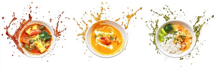 Cutout of set of 3 coconut curry sauce, vegetables, and rice with sauce splashes adding creamy richness, isolated on PNG transparent background