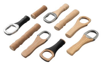 Assorted bottle openers with wooden and metal handles