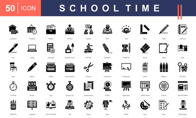 School Time icon set featuring essential classroom tools, subjects, and activities—ideal for educational content, school design materials, academic platforms, and back-to-school promotions.
