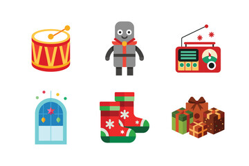 A festive collection of christmas icons featuring toys gifts and decorations