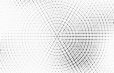 Radial halftone gradient background. Dotted concentric texture with fading effect. Black and white circle shade wallpaper. Grunge rough vector. Monochrome backdrop