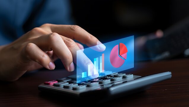 Financial analysis and investment planning with calculator showing graphs and business analytics presentation for strategic decisions and business development