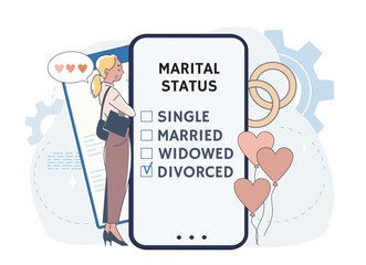 A woman checks her marital status on a digital form, selecting Divorced from listed options. Flat graphic style on a light abstract background. Concept of relationship status. Vector illustration