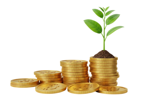 Isolated Money Tree Sprouting from Stack of Golden Coins