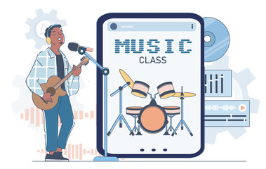 Man playing guitar and singing into a microphone beside a smartphone screen showing drum set and music class text, flat cartoon style, white background. Vector illustration