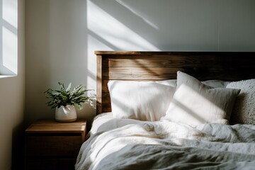 Minimalist bedroom with white bedding and wooden headboard in natural morning light