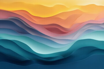 Fototapeta premium Abstract layered paper landscape with sunset gradient and flowing hill shapes
