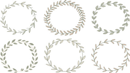 Fototapeta premium Decorative vector wreaths bundle with hand drawn leaves in gentle color palette