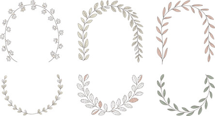 Vector floral wreaths  bundle  with thin branches and pastel leaf colors