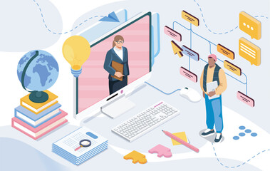 Fototapeta premium Digital learning scene with a student and online teacher on a computer monitor, surrounded by books, globe, and icons on abstract background. Vector illustration
