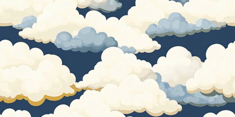 Clouds seamless pattern with fluffy white and gray shapes on blue background, playful sky design for modern decor and creative projects.