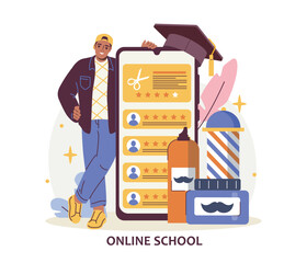 A young man stands beside a large smartphone displaying barber training content with tools and a graduation cap, set on a white background. Concept of online education. Vector illustration