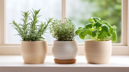 Fototapeta premium Fresh Herbs Growing in Modern Pots by a Bright Window in a Cozy Kitchen Setting