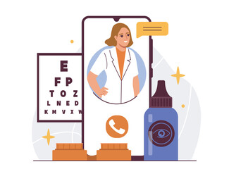 Female optometrist on smartphone screen with eye chart, eye drops, and lenses around, flat style on white background. Concept of virtual eye care. Flat cartoon vector illustration