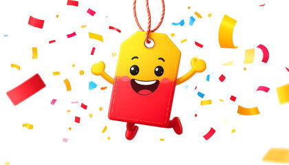 Cheerful animated price tag character celebrating with colorful confetti, joyful and excited.