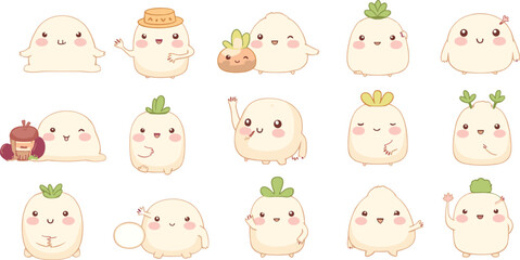  Cute kawaii root vegetable cartoon characters in vector pack 
