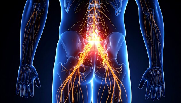 Human Back Pain Illustration with Nerves and Spine