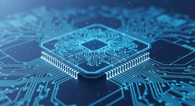 Digital blueprint style microchip visualization emphasizing precision and sophistication in tech advancement.