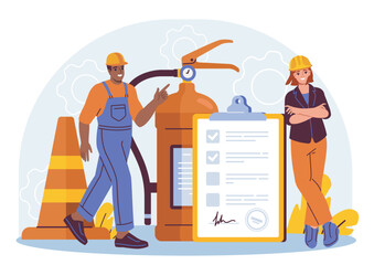 Two workers in safety gear stand near a fire extinguisher, safety cone, and checklist on a blue background with gears. Concept of workplace safety. Vector illustration