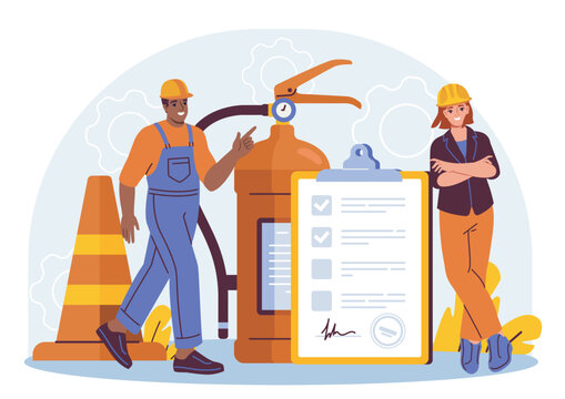 Two workers in safety gear stand near a fire extinguisher, safety cone, and checklist on a blue background with gears. Concept of workplace safety. Vector illustration - Powered by Adobe