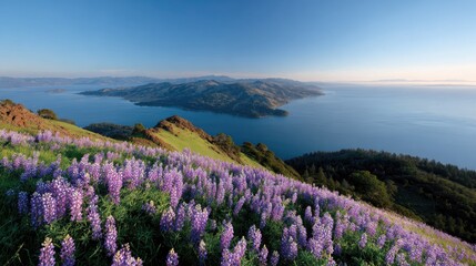 Obraz premium Scenic View of Lavender Field Overlooking Serene Lake with Mountainous Landscape under Clear Blue Sky