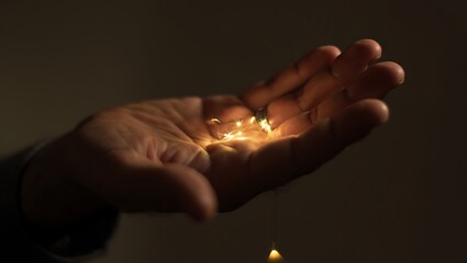 Hand holding glowing fairy lights in darkness showcasing hope inspiration and magical moments highlighting festive season and creating warm ambiance