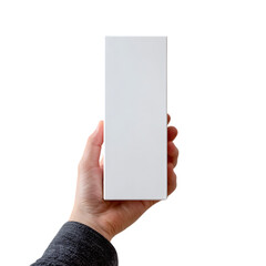 Hand holding a tall white box isolated on transparent background