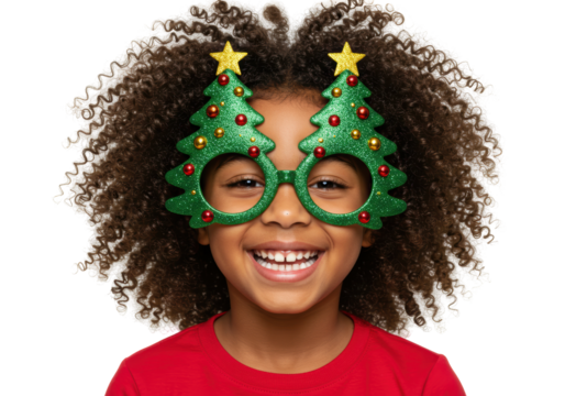 Isolated Smiling Girl Wearing Christmas Tree Glasses Celebration