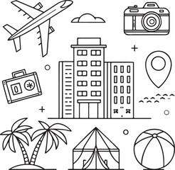 Fototapeta premium Black and White Travel Icons Set – Line Art Style Vacation, Camping, and Adventure Elements