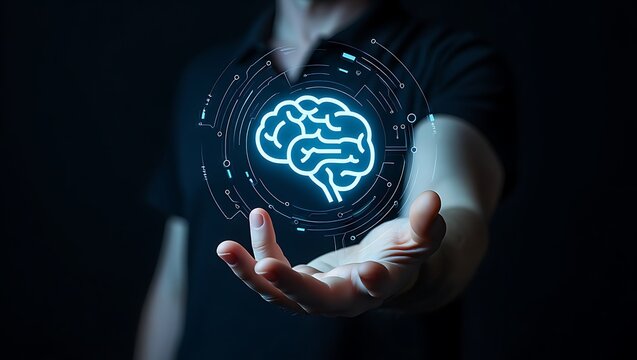 Human hand holding a digital brain concept representing artificial intelligence and future technology advancements for enhanced human capabilities and cognitive functions