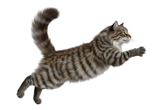 Isolated Long Haired Tabby Cat Mid-Leap