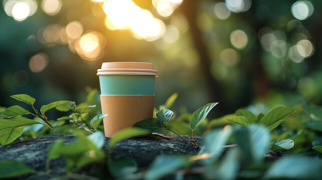 Serene Teal Coffee Cup in Lush Green Nature; Warm Sunlight Backlighting; Eco-Friendly Packaging.