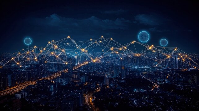 Smart City Night View, Tech Interconnection Scene of Golden Network Architecture with City