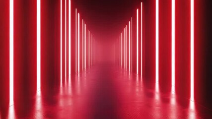 Red corridor with vertical neon lights glowing futuristic vibrant atmosphere reflections shiny floor modern technology glowing red neon light corridor vertical tubes reflecting smooth floor - Powered by Adobe