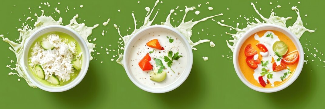 Cutout of set of 3 coconut curry sauce, vegetables, and rice with sauce splashes adding creamy richness, isolated on green background
