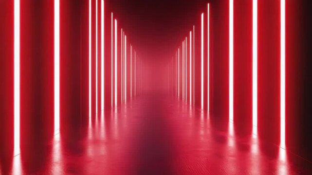 Red corridor with vertical neon lights glowing futuristic vibrant atmosphere reflections shiny floor modern technology glowing red neon light corridor vertical tubes reflecting smooth floor
