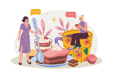 Two women with oversized desserts and drinks in a playful, colorful cartoon style on a white background. Concept of sweet treats and social interaction. Vector illustration
